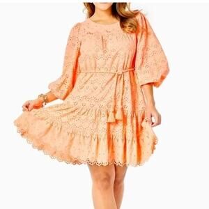 Lilly Pulitzer Keyla Dress L Orange Eyelet Tiered Swing Blouson Tassel Preppy